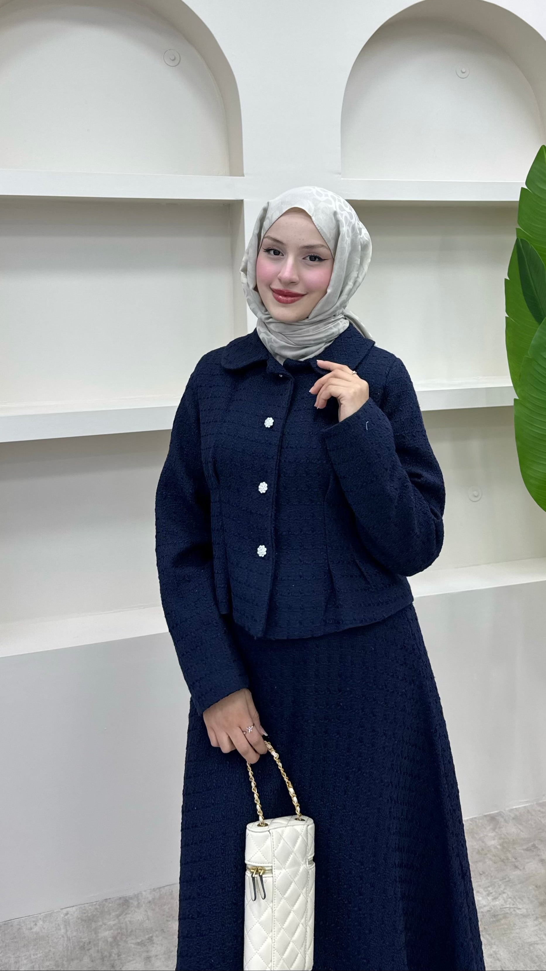 Shanel Kumaş Etekli Takım Lacivert