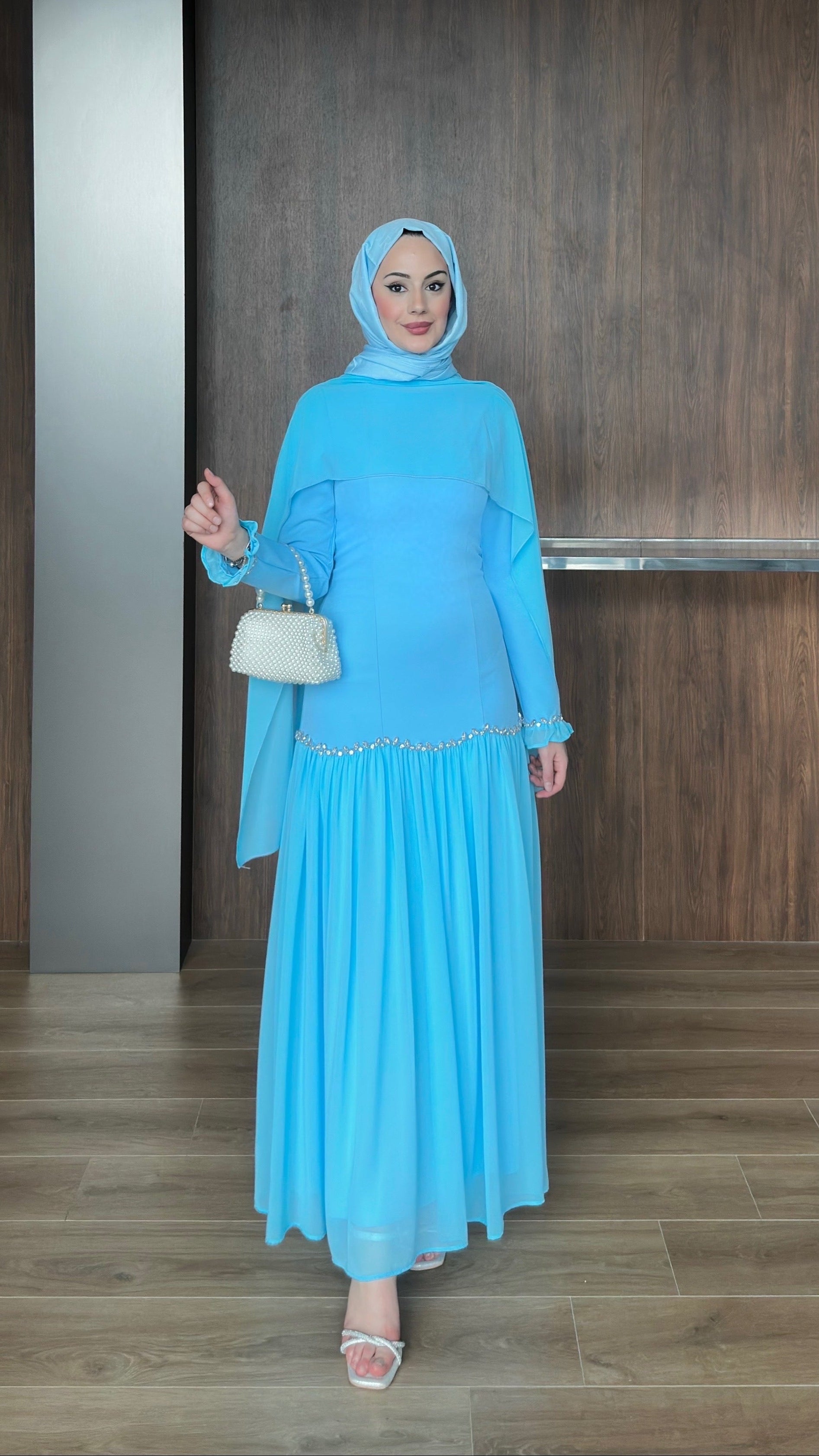 Pera Şifon Detaylı Abiye Mavi