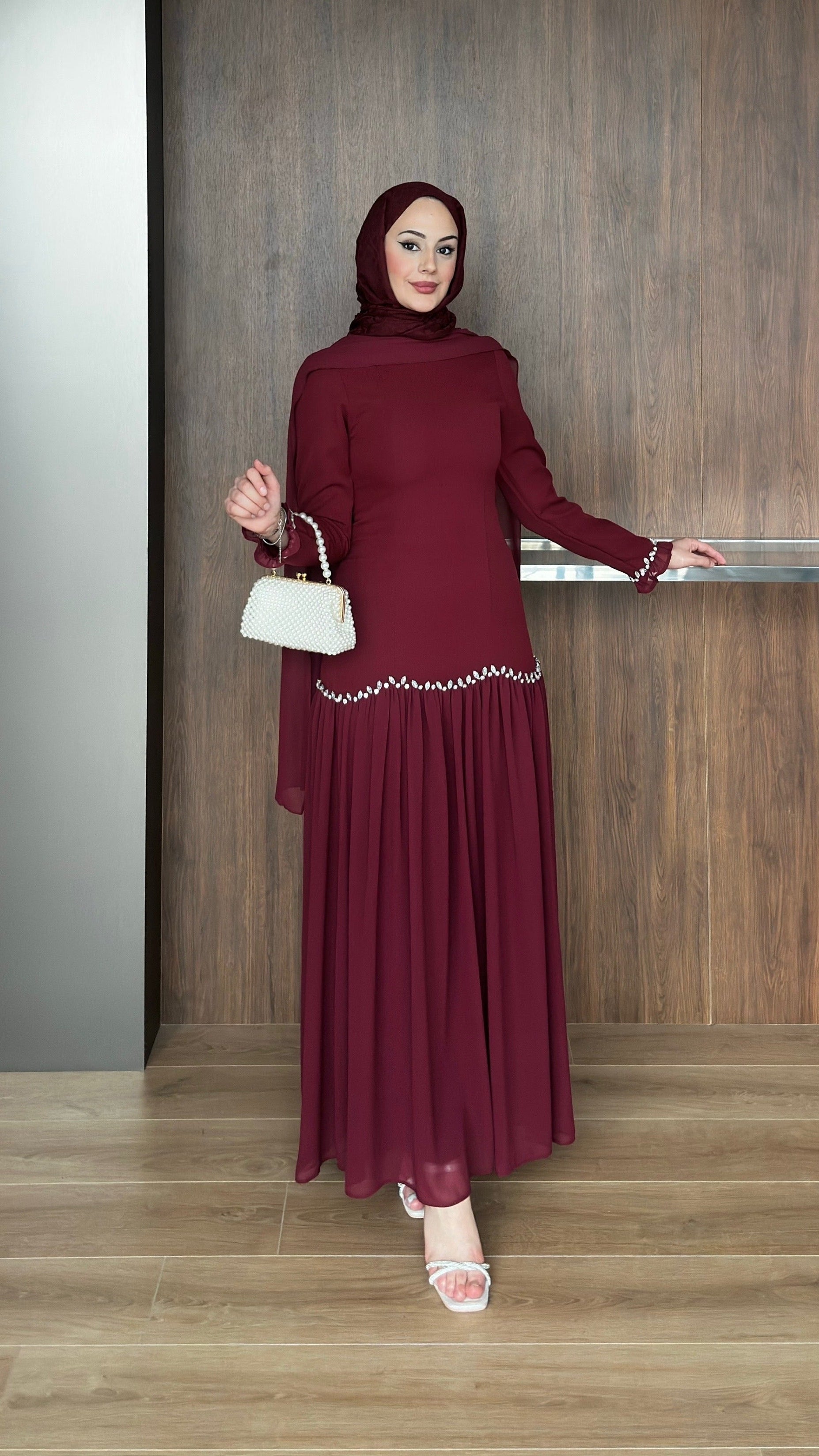 Pera Şifon Detaylı Abiye Bordo