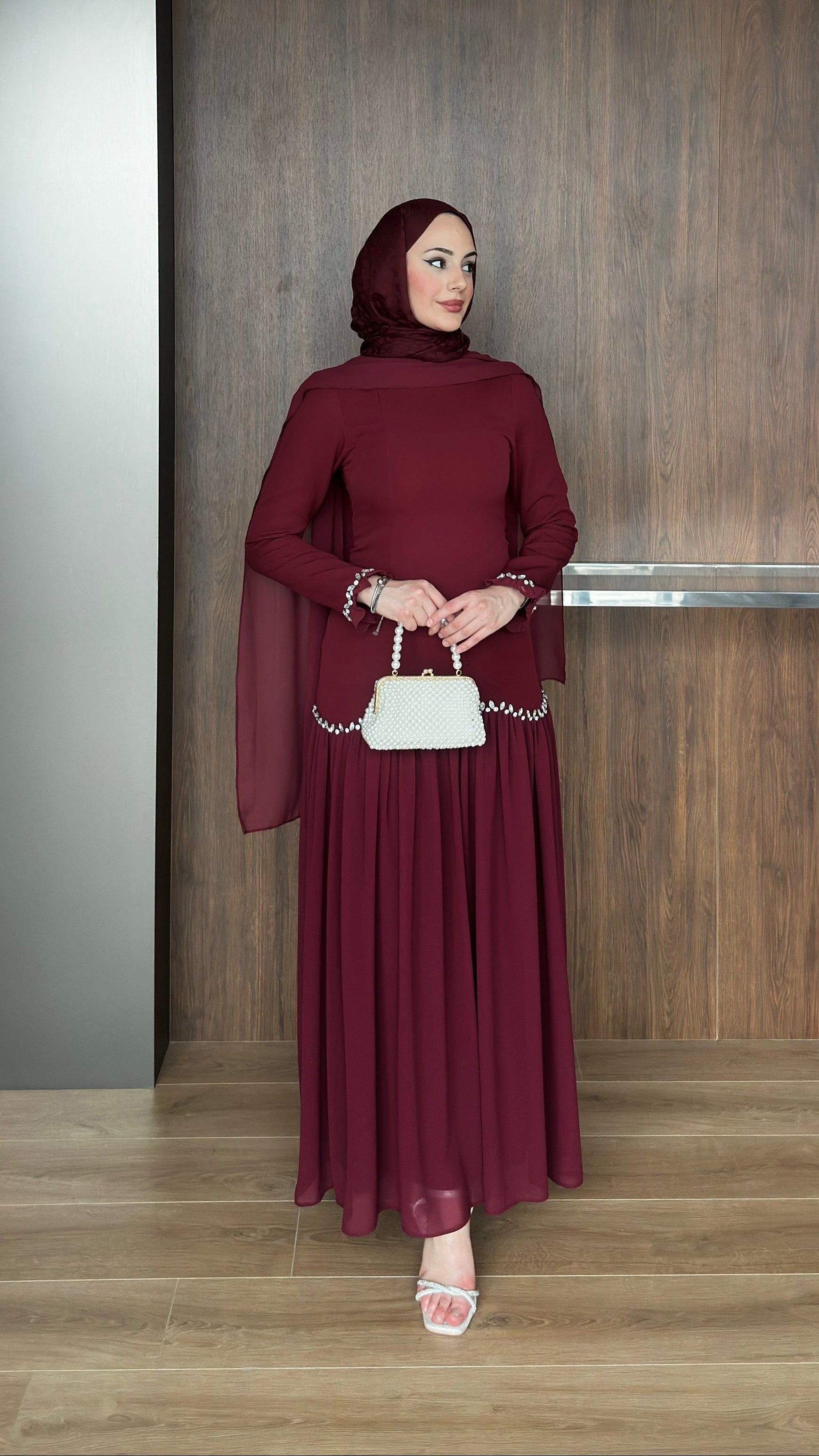 Pera Şifon Detaylı Abiye Bordo