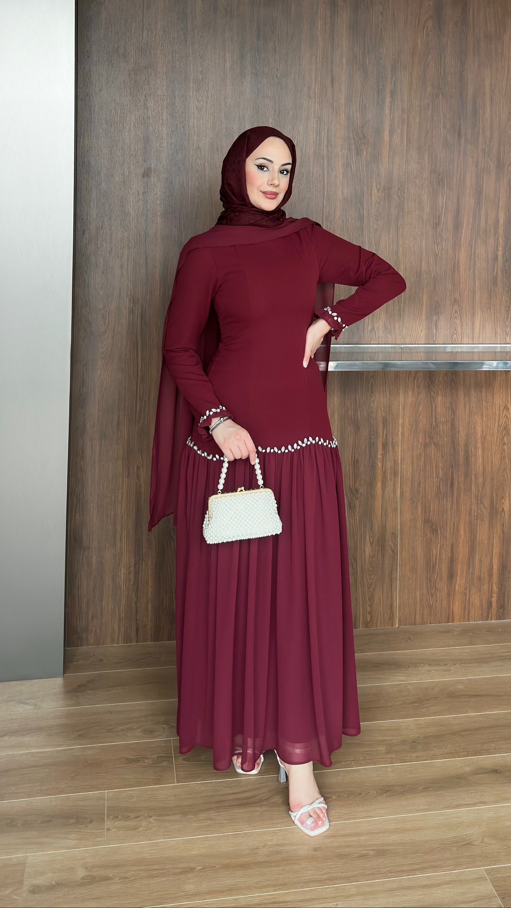 Pera Şifon Detaylı Abiye Bordo