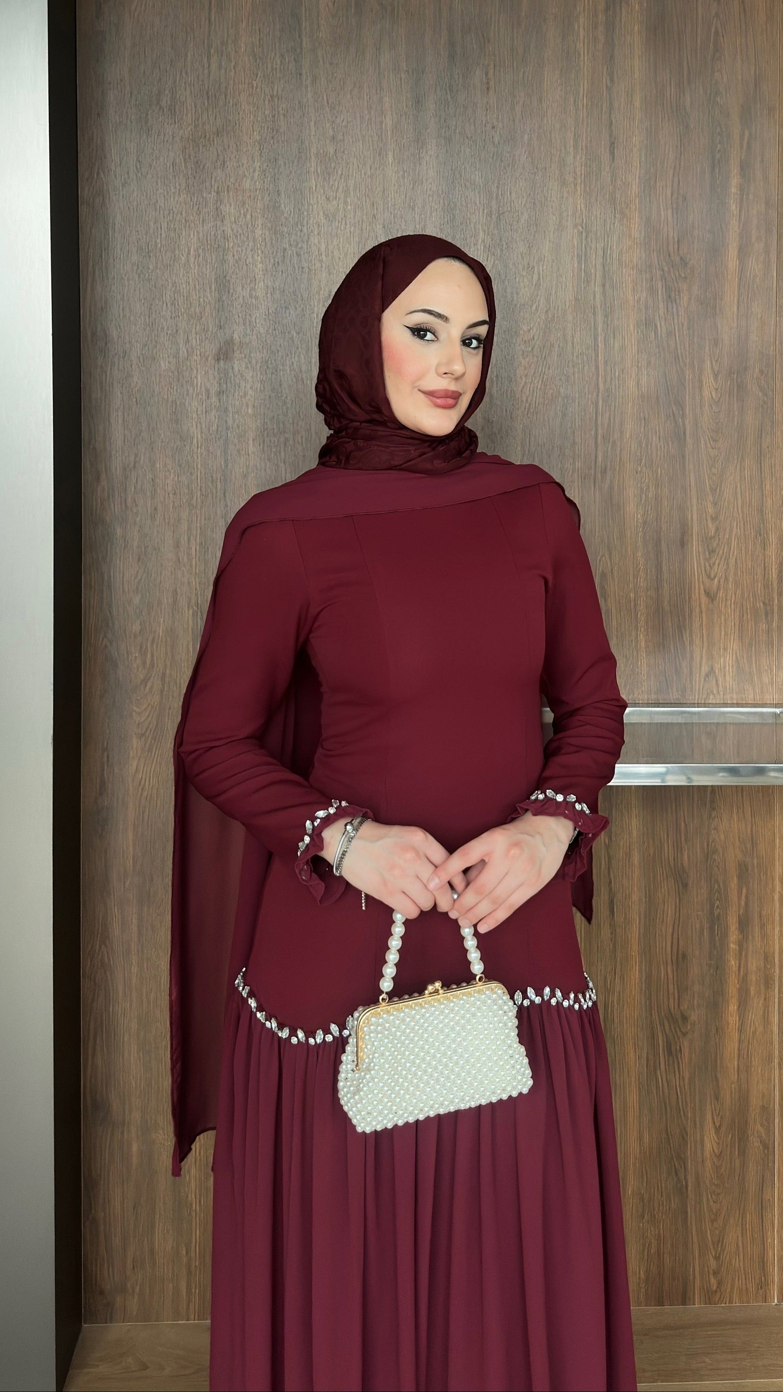 Pera Şifon Detaylı Abiye Bordo