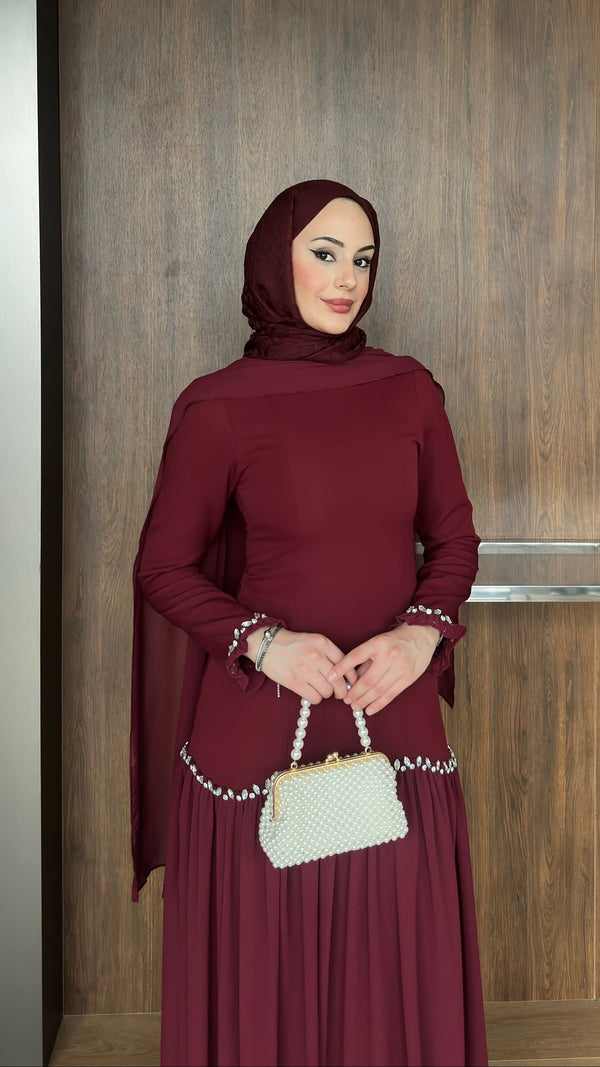 Pera Şifon Detaylı Abiye Bordo