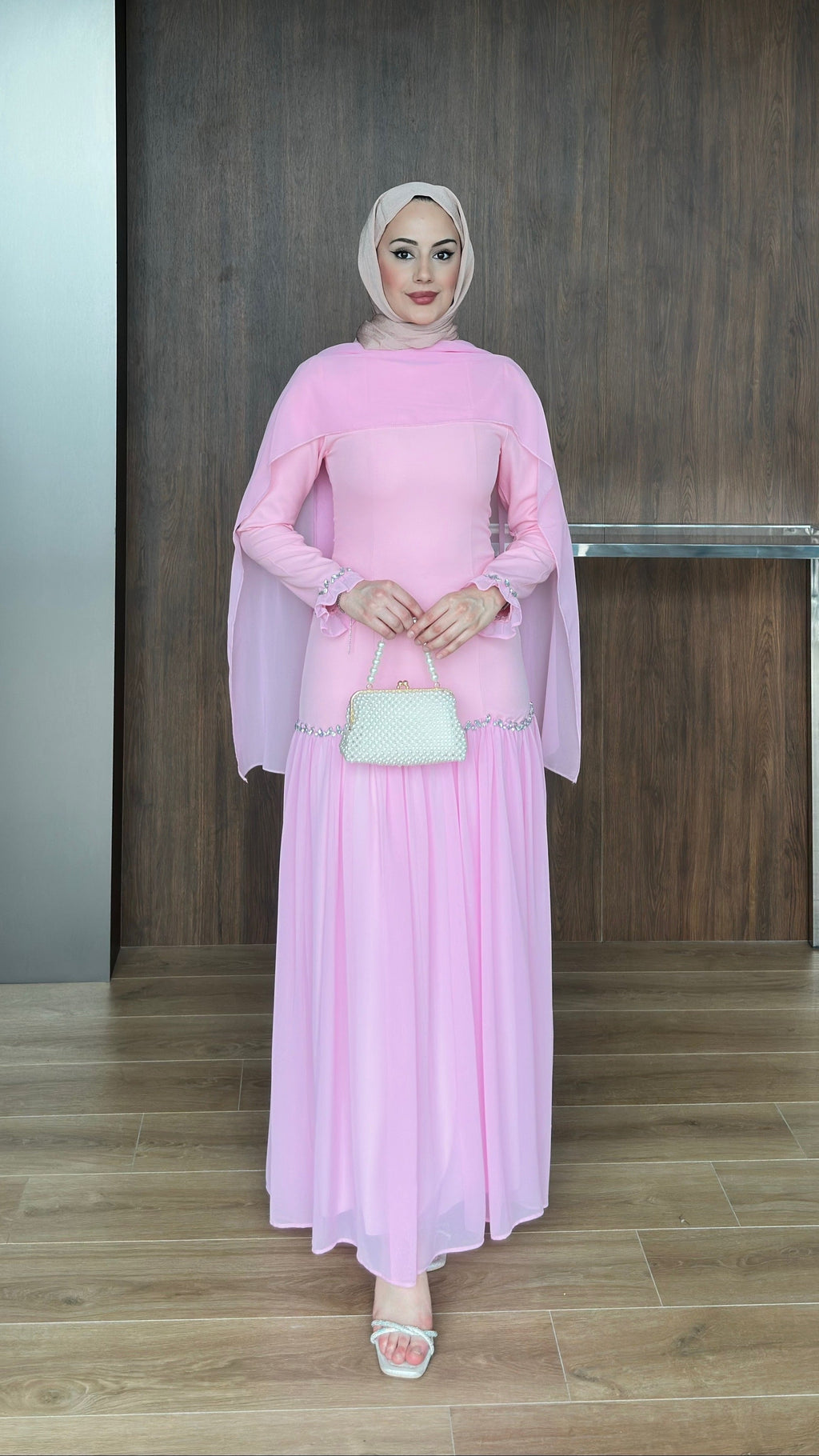 Pera Şifon Detaylı Abiye Pembe