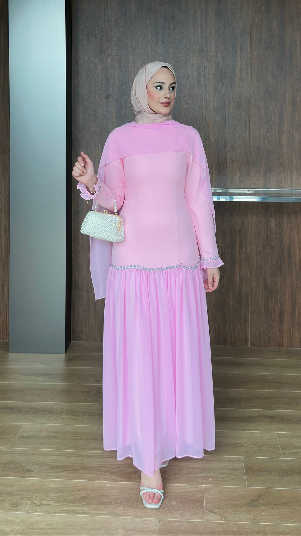 Pera Şifon Detaylı Abiye Pembe