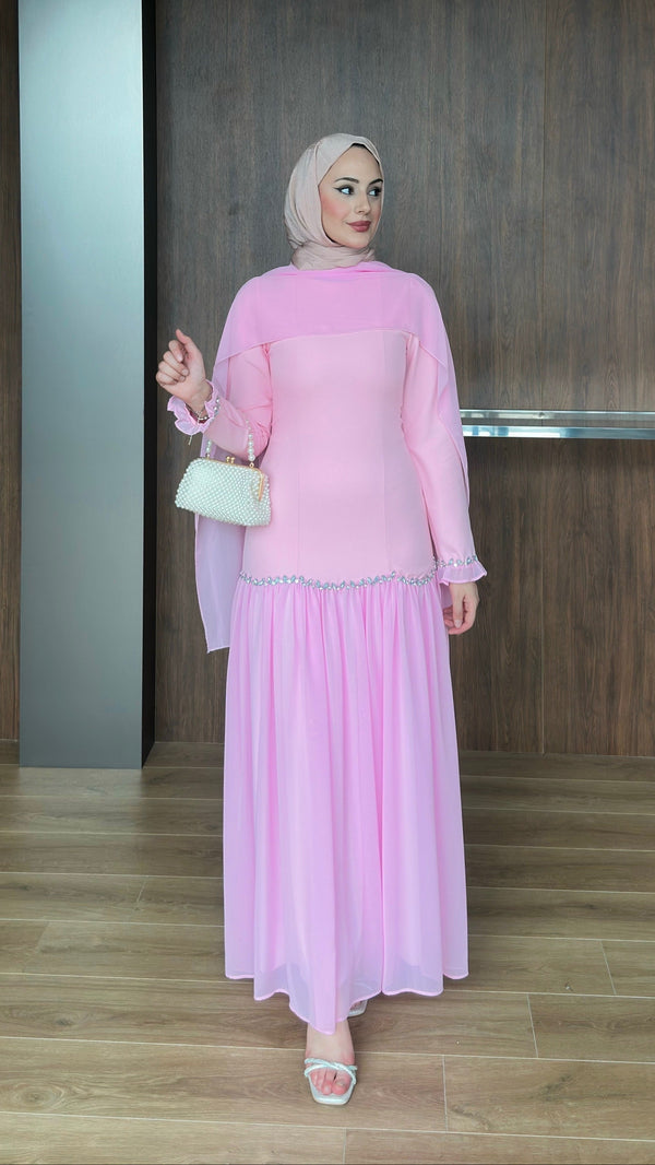 Pera Şifon Detaylı Abiye Pembe
