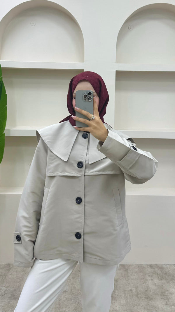 Pelerinli Trençkot Siyah Krem
