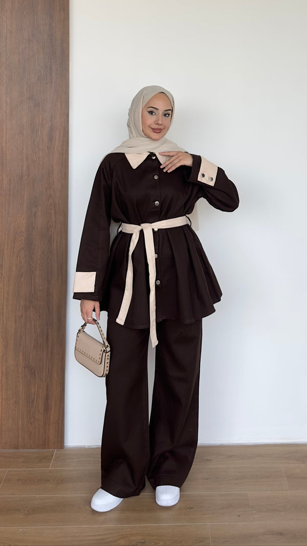 Kolları Düğmeli Gabardin Takım Kahverengi