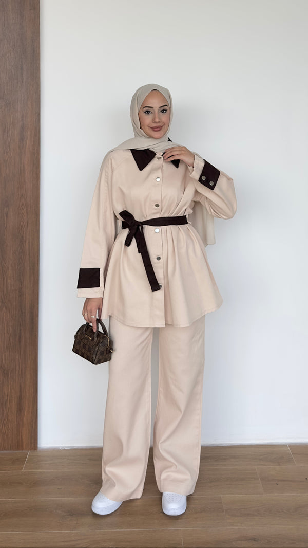 Kolları Düğmeli Gabardin Takım Bej