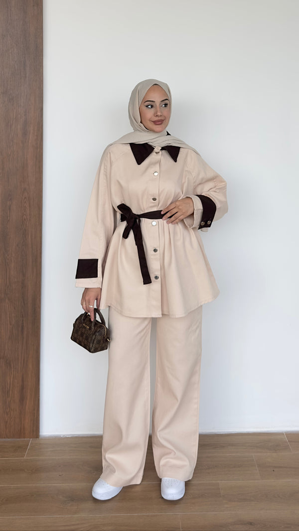 Kolları Düğmeli Gabardin Takım Bej