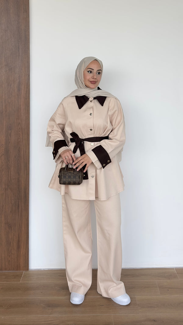 Kolları Düğmeli Gabardin Takım Bej