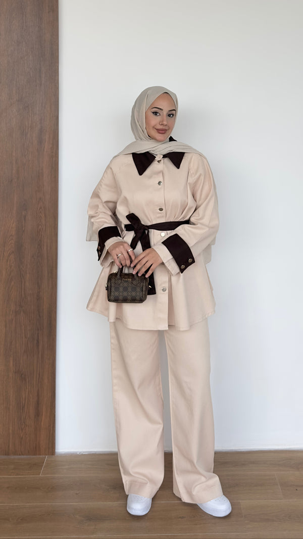 Kolları Düğmeli Gabardin Takım Bej