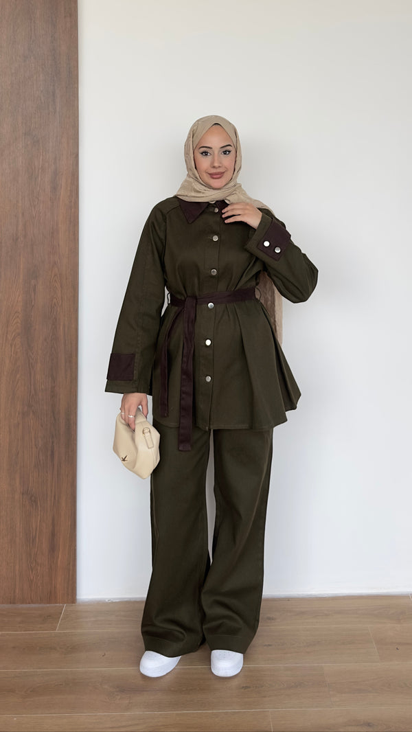 Kolları Düğmeli Gabardin Takım Haki