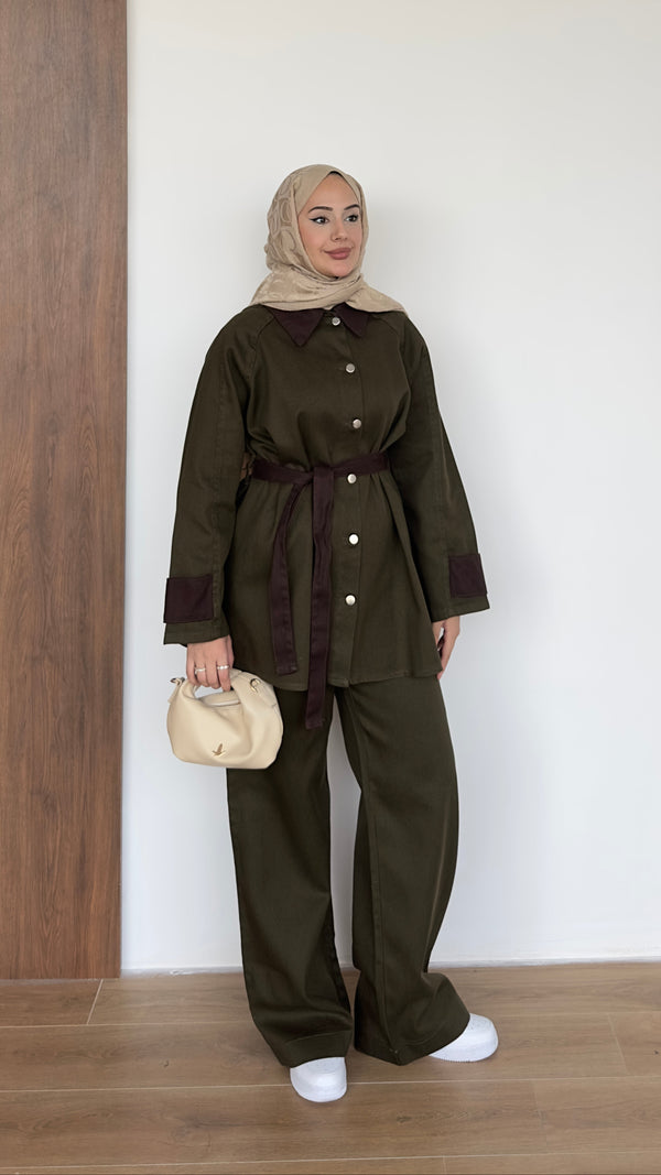 Kolları Düğmeli Gabardin Takım Haki