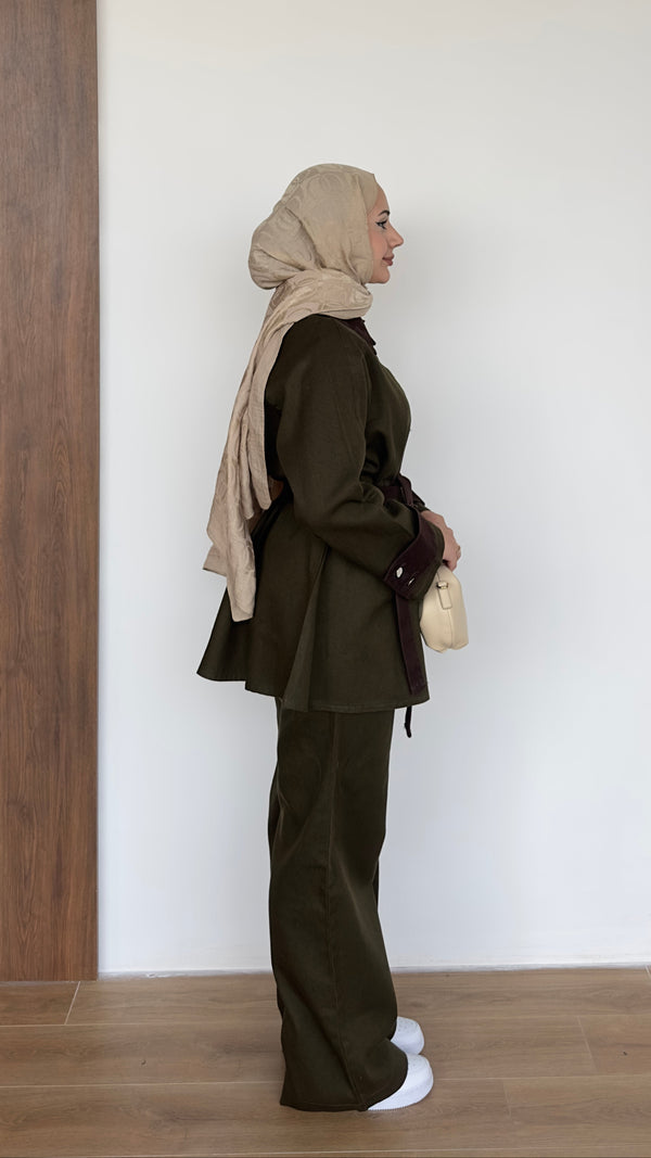 Kolları Düğmeli Gabardin Takım Haki