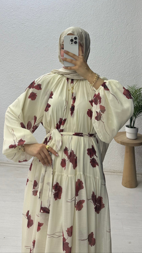 Çiçekli Şifon Elbise Bordo
