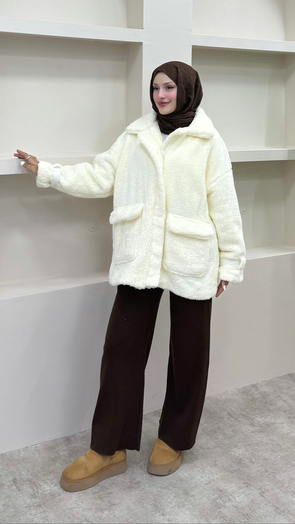 Önü Fermuarlı Peluş Mont Beyaz