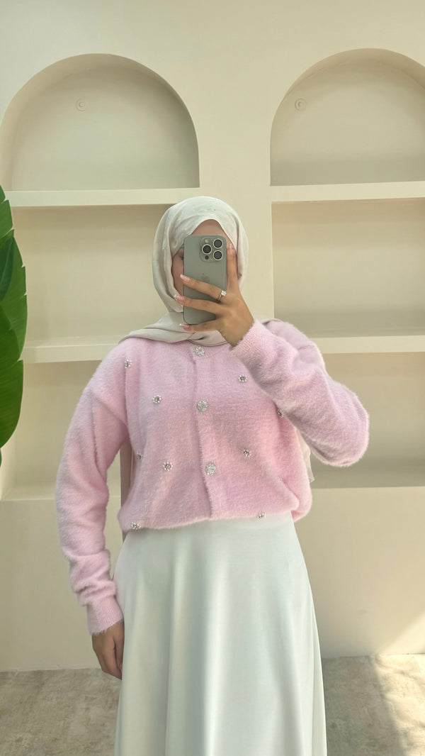 İnci Detaylı Angora Hırka Pembe