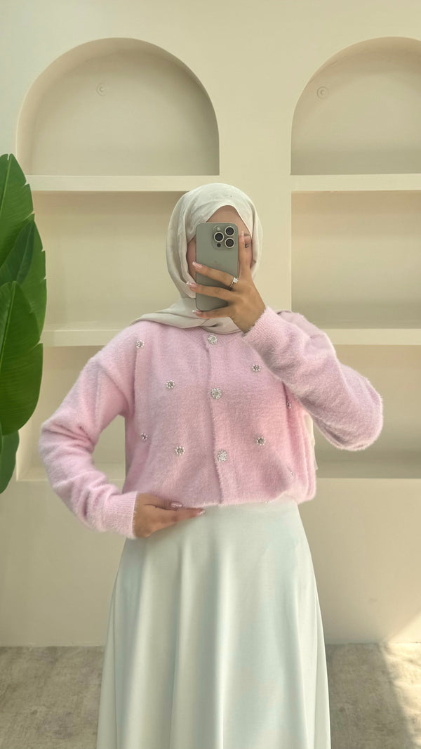 İnci Detaylı Angora Hırka Pembe