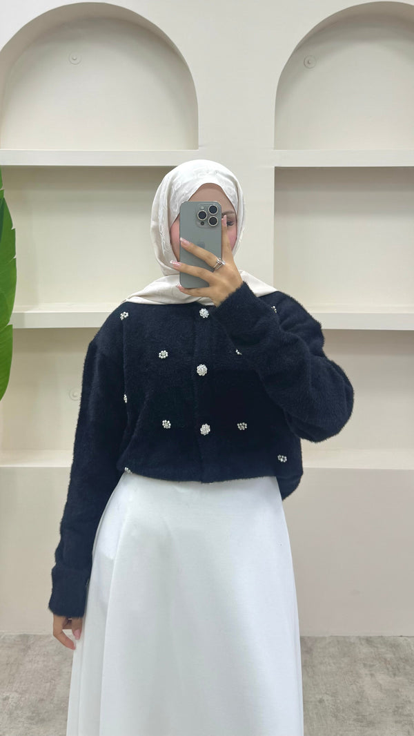 İnci Detaylı Angora Hırka Siyah