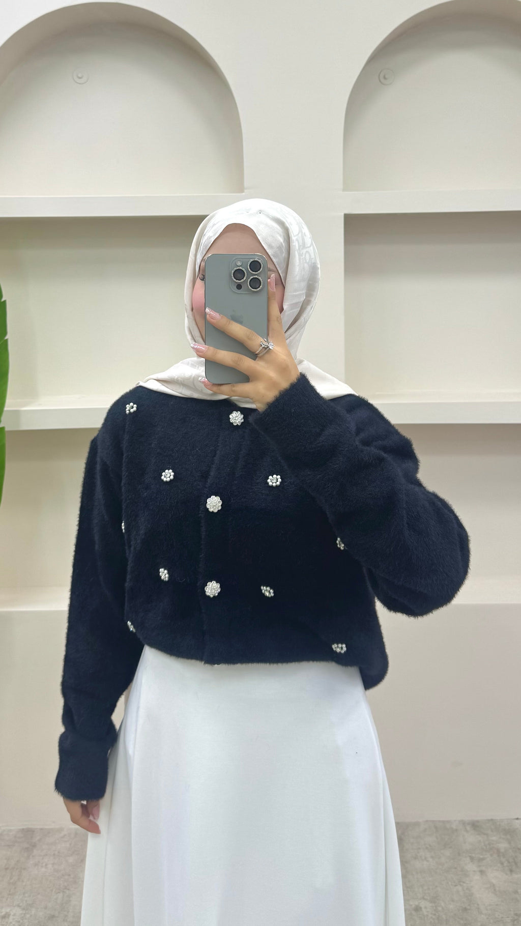 İnci Detaylı Angora Hırka Siyah