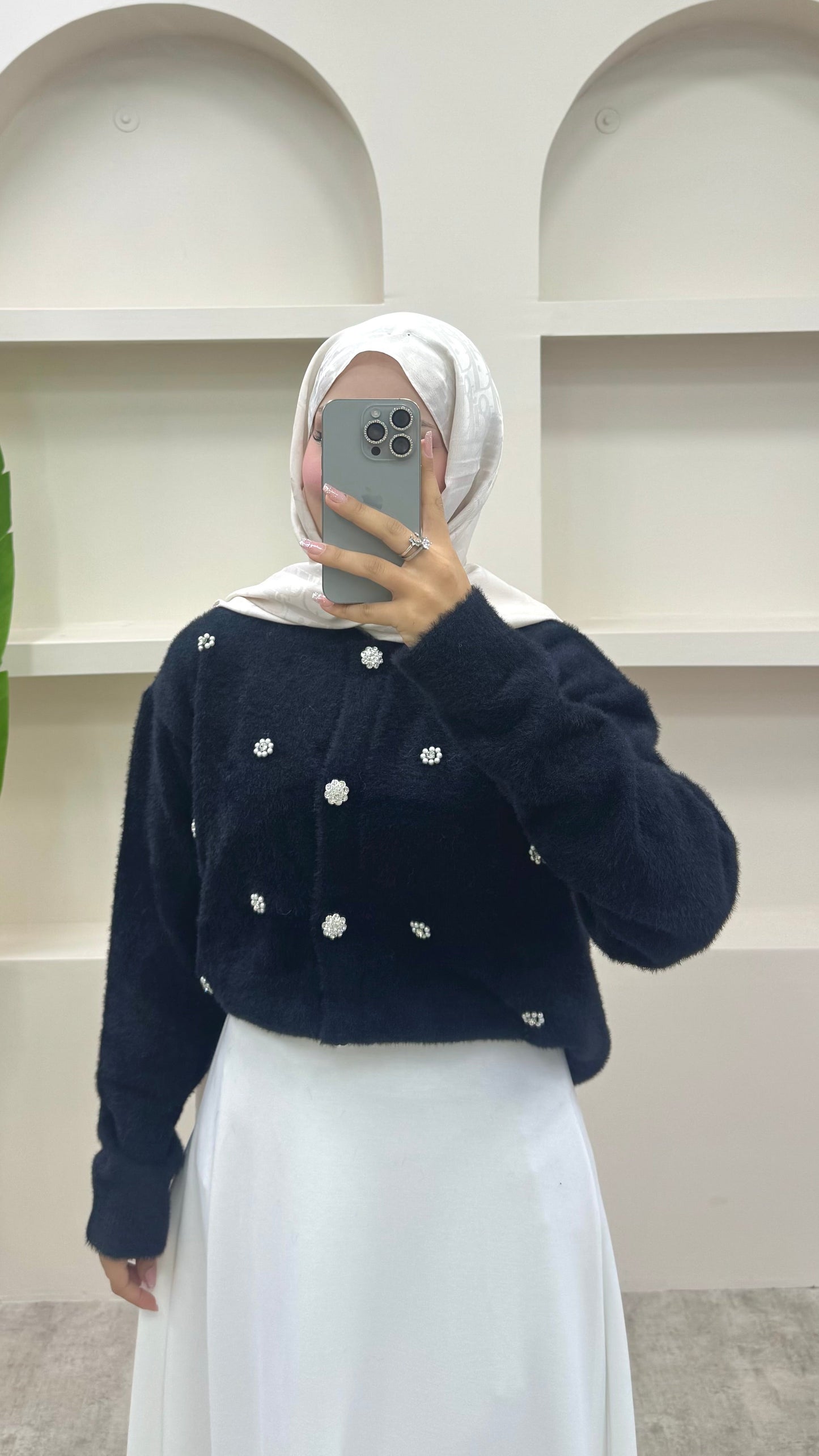 İnci Detaylı Angora Hırka Siyah