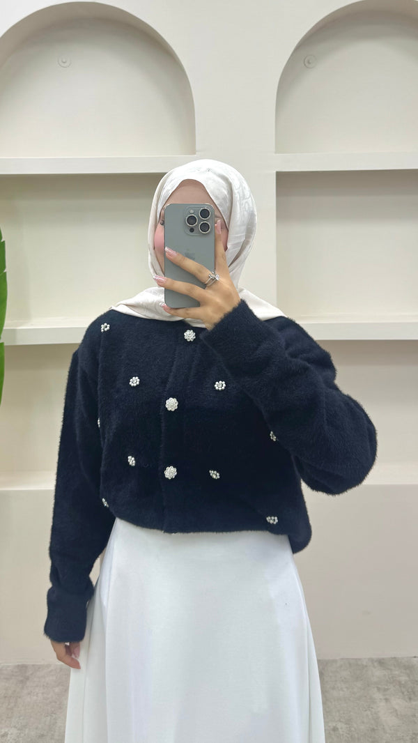 İnci Detaylı Angora Hırka Siyah