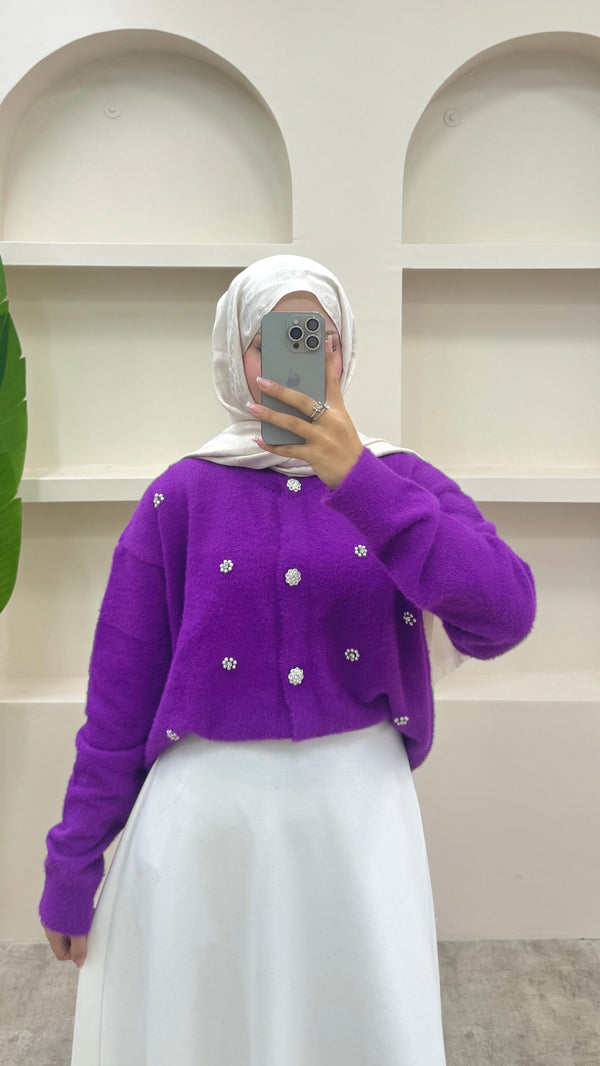 İnci Detaylı Angora Hırka Mor