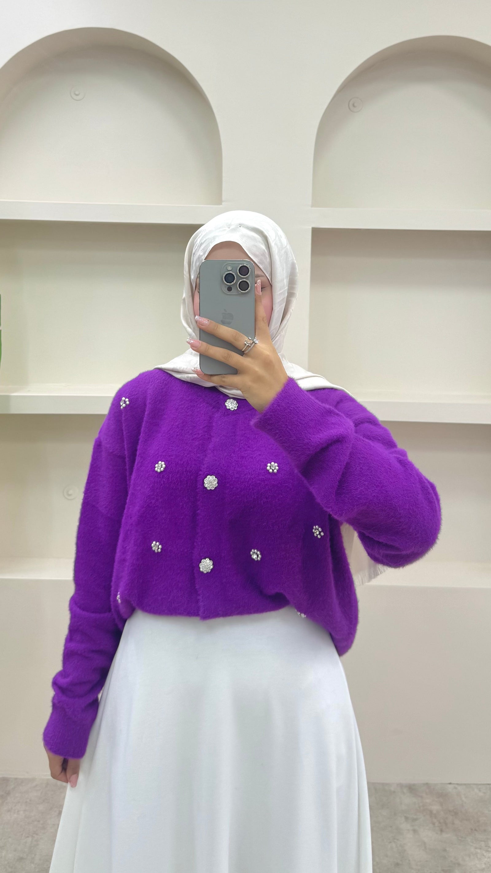 İnci Detaylı Angora Hırka Mor