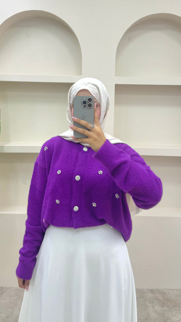 İnci Detaylı Angora Hırka Mor
