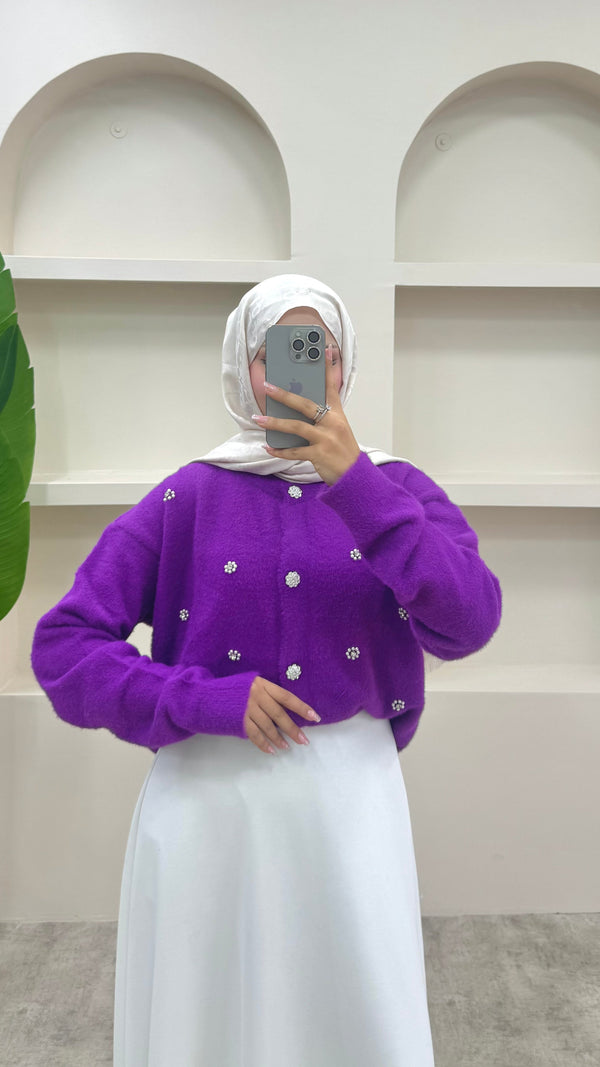 İnci Detaylı Angora Hırka Mor