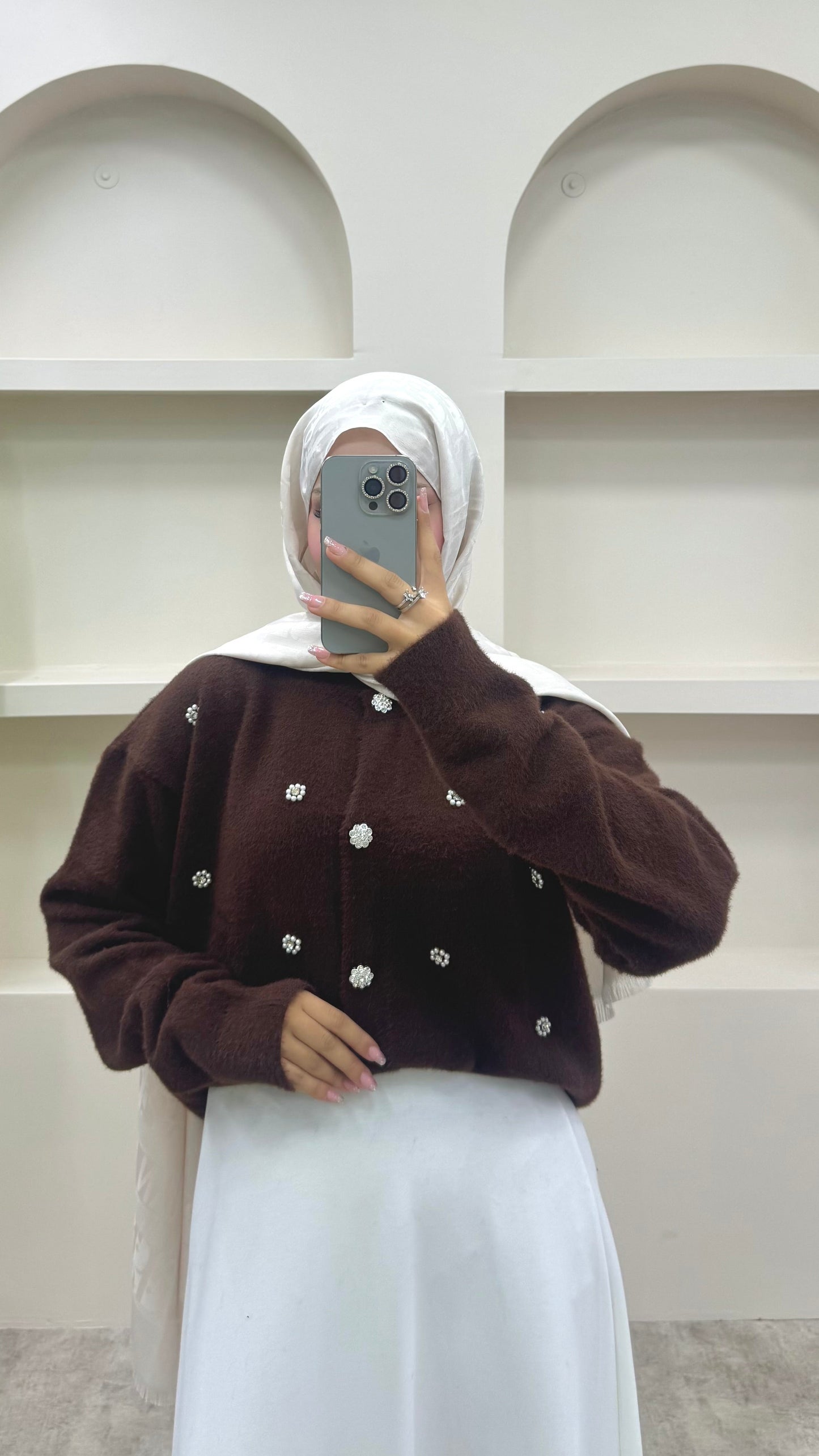 İnci Detaylı Angora Hırka Kahverengi