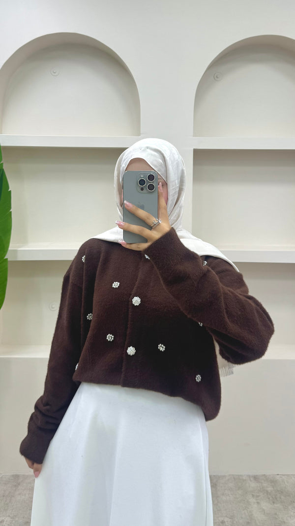 İnci Detaylı Angora Hırka Kahverengi