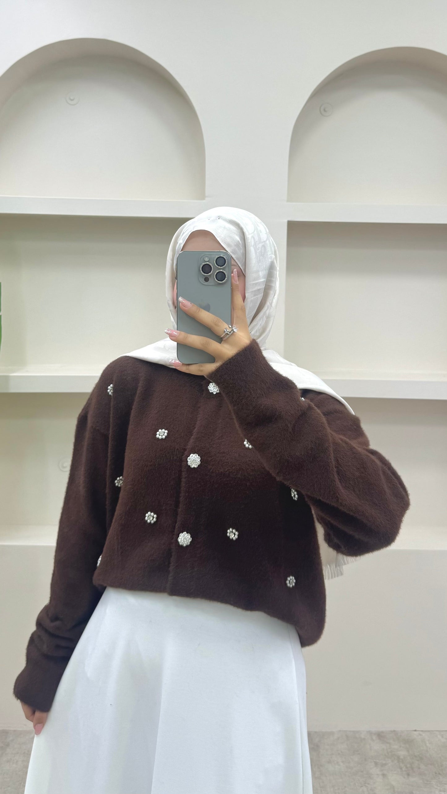 İnci Detaylı Angora Hırka Kahverengi