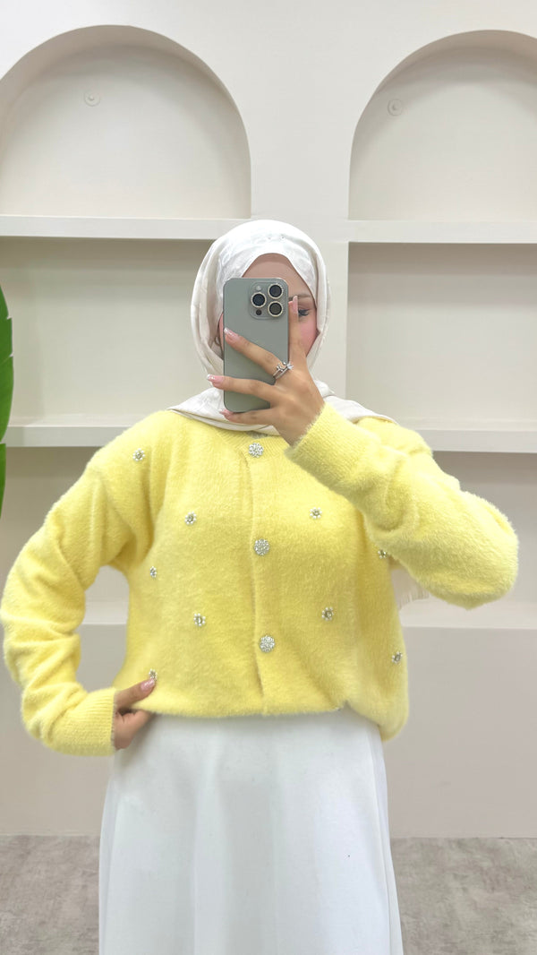 İnci Detaylı Angora Hırka Sarı