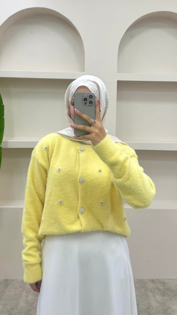 İnci Detaylı Angora Hırka Sarı