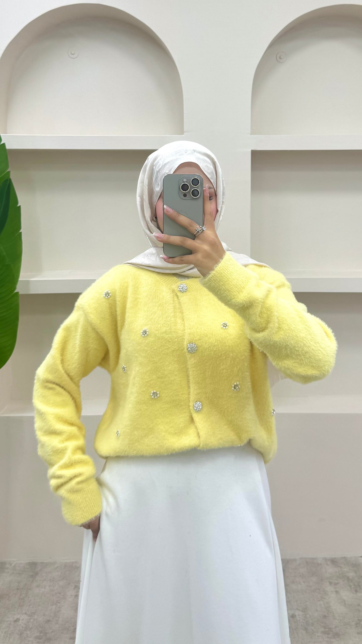 İnci Detaylı Angora Hırka Sarı