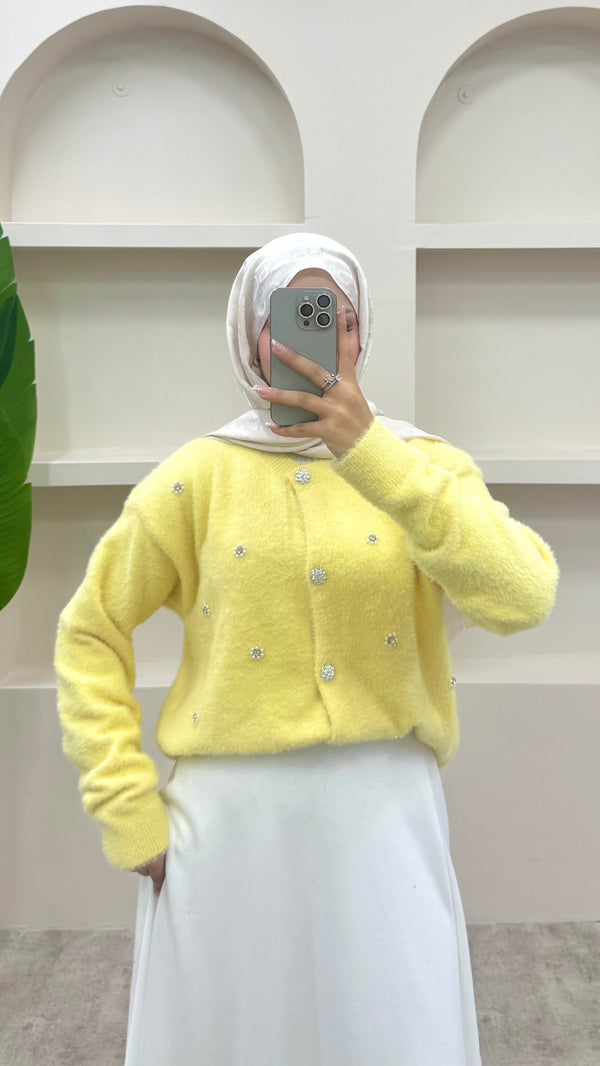 İnci Detaylı Angora Hırka Sarı