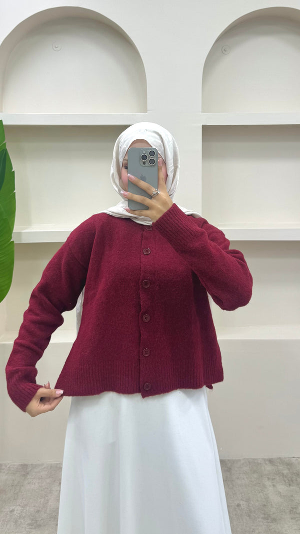 Yırtmaç Detaylı Düğmeli Hırka Bordo