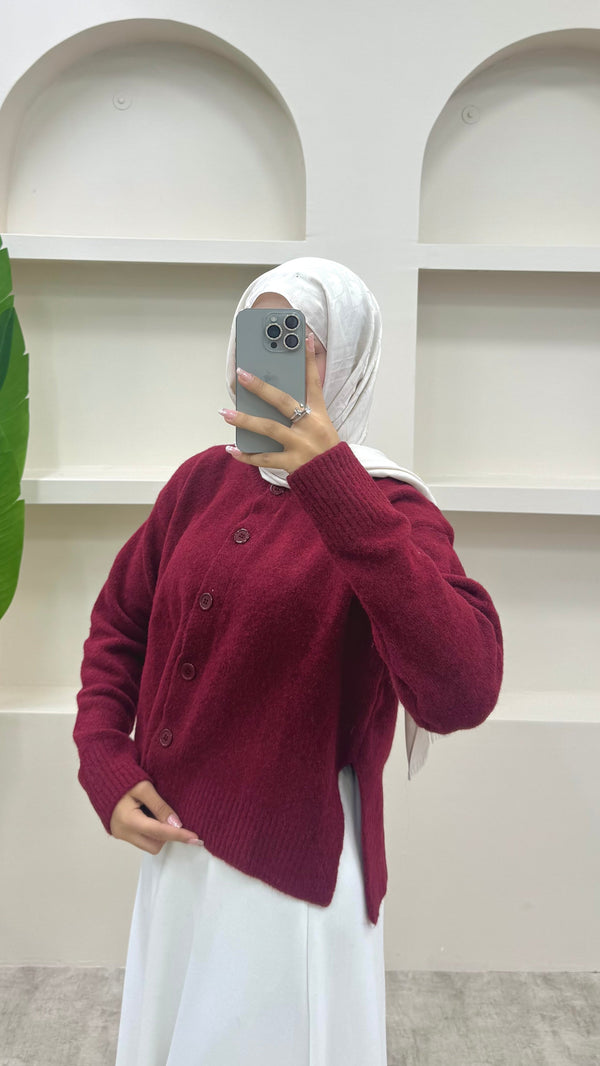 Yırtmaç Detaylı Düğmeli Hırka Bordo