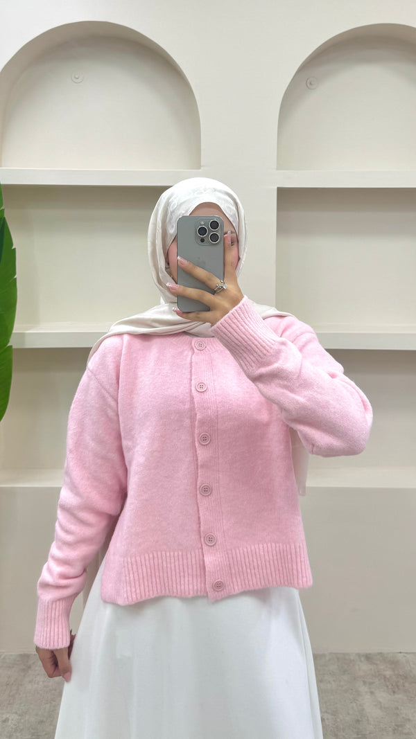 Yırtmaç Detaylı Düğmeli Hırka Pembe