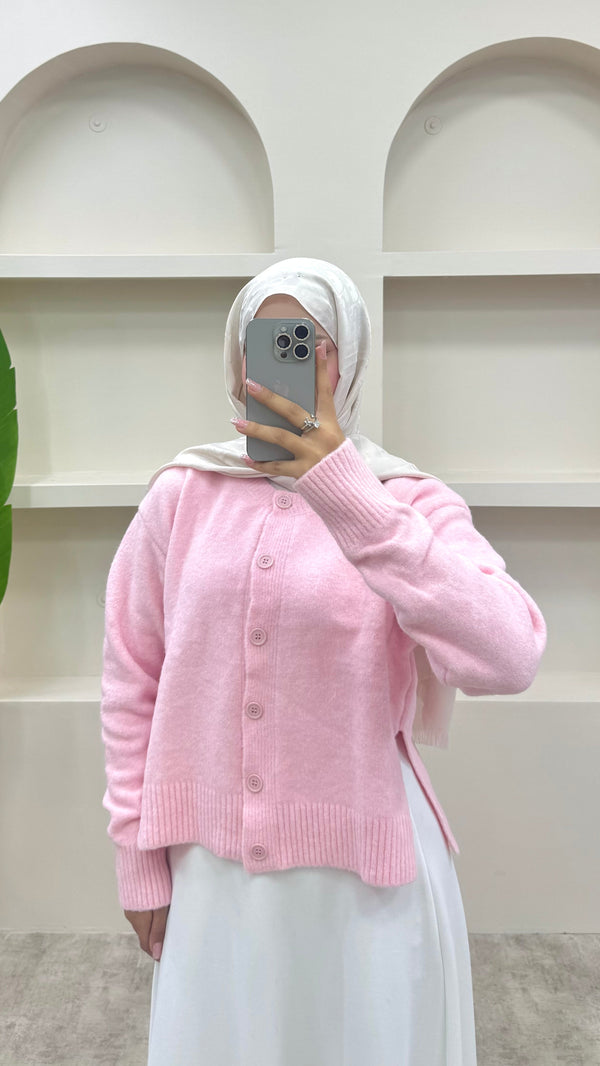 Yırtmaç Detaylı Düğmeli Hırka Pembe