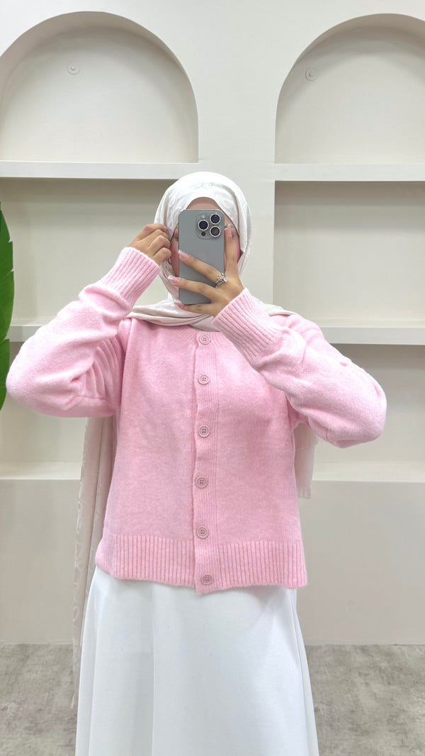 Yırtmaç Detaylı Düğmeli Hırka Pembe