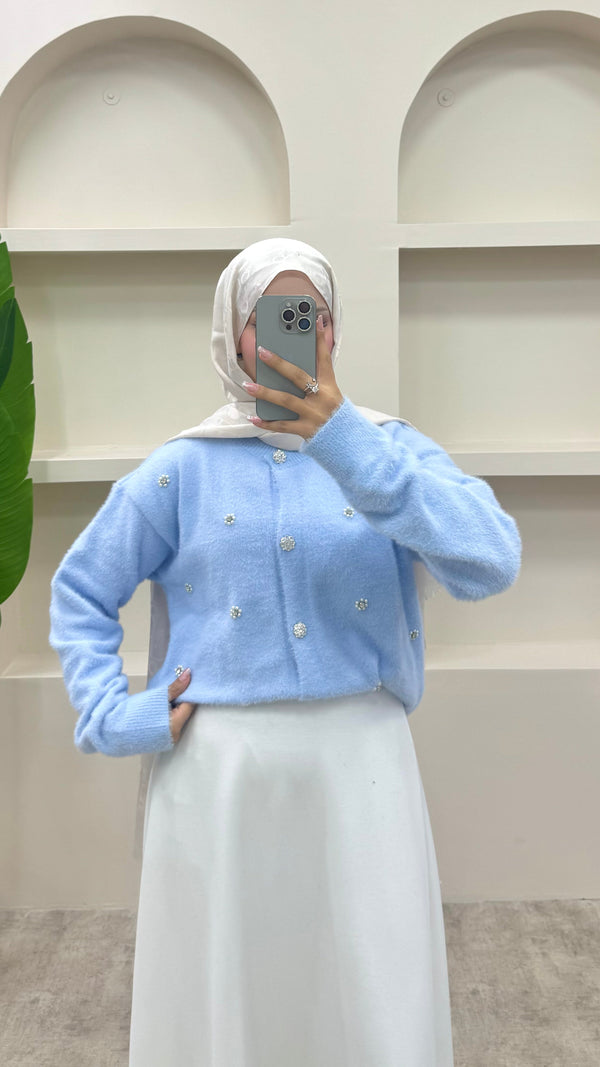 İnci Detaylı Angora Hırka Buz Mavi