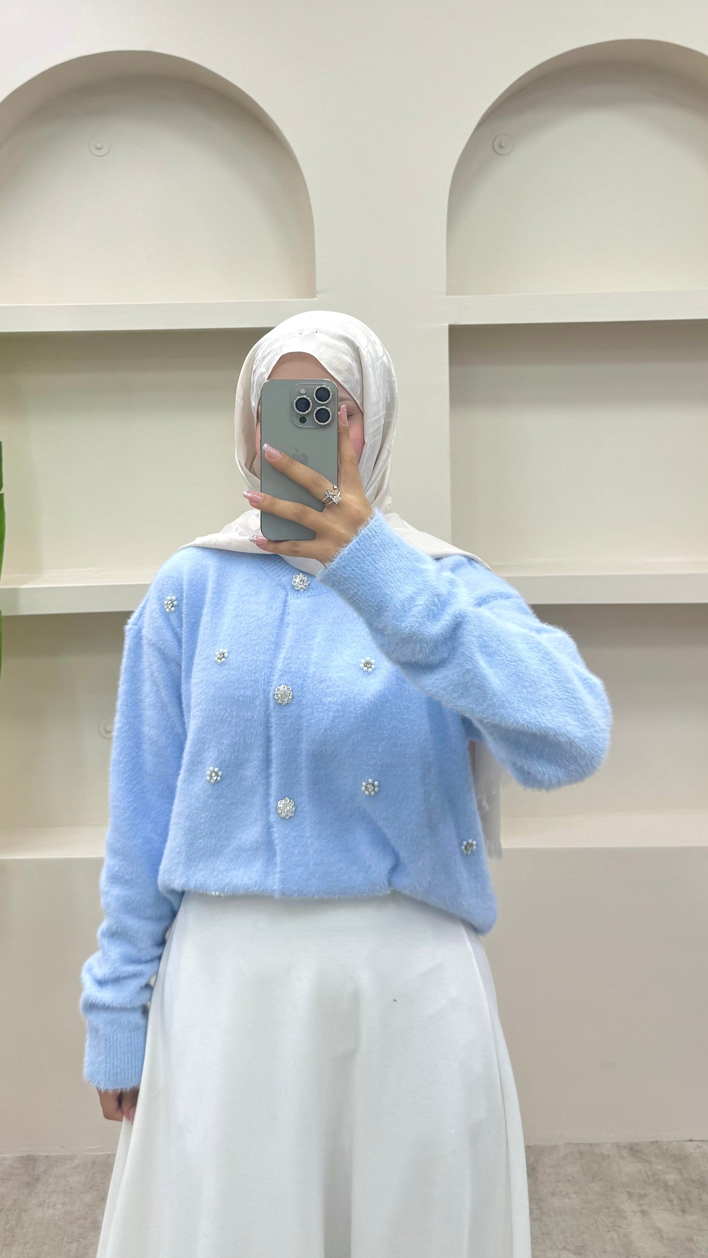 İnci Detaylı Angora Hırka Buz Mavi