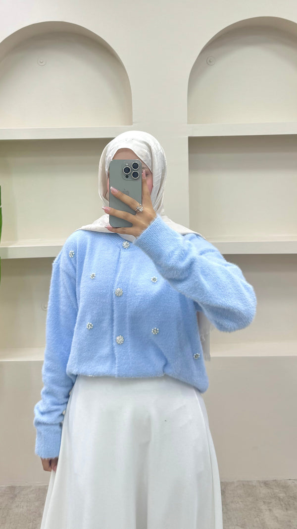 İnci Detaylı Angora Hırka Buz Mavi