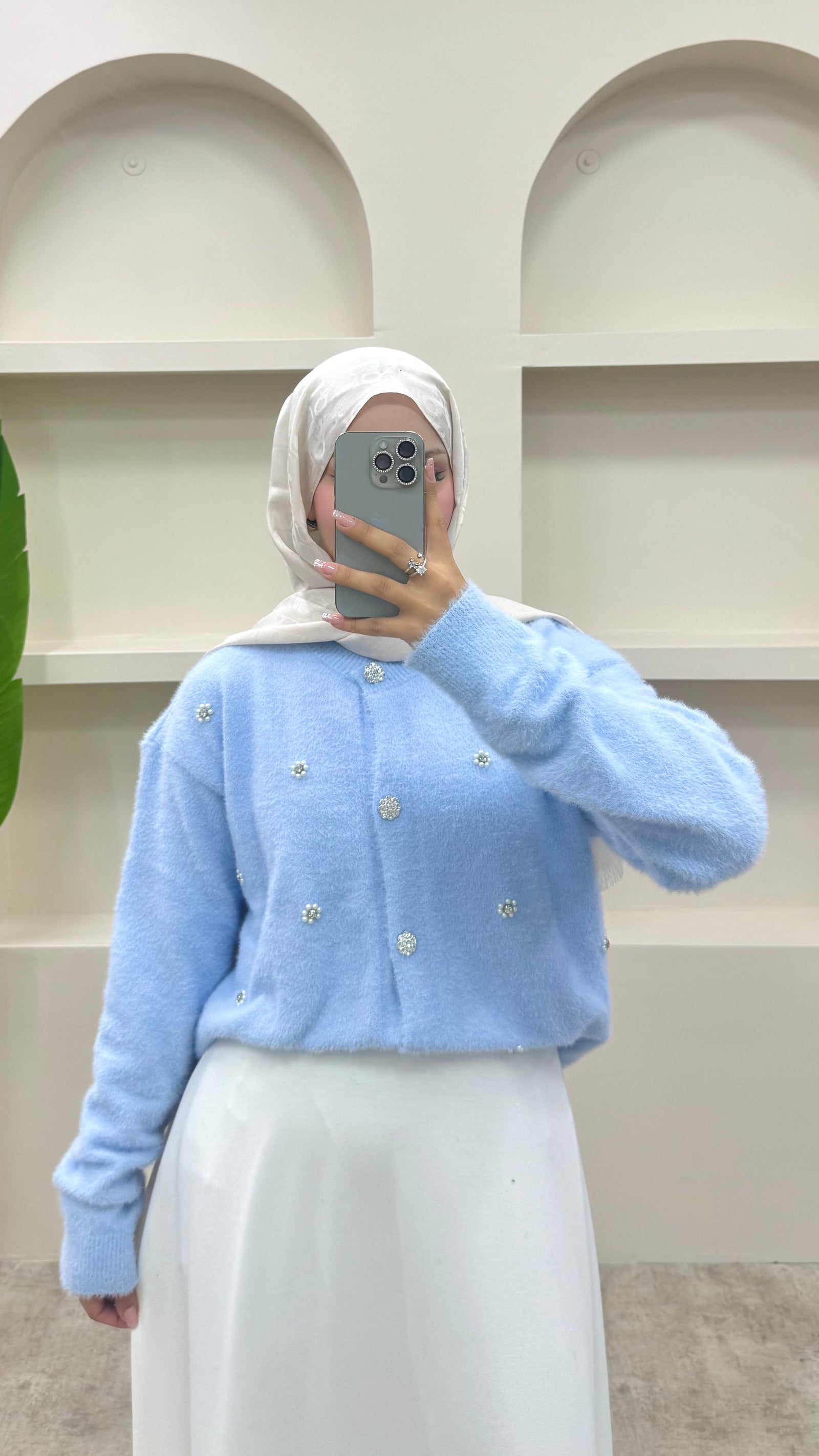 İnci Detaylı Angora Hırka Buz Mavi