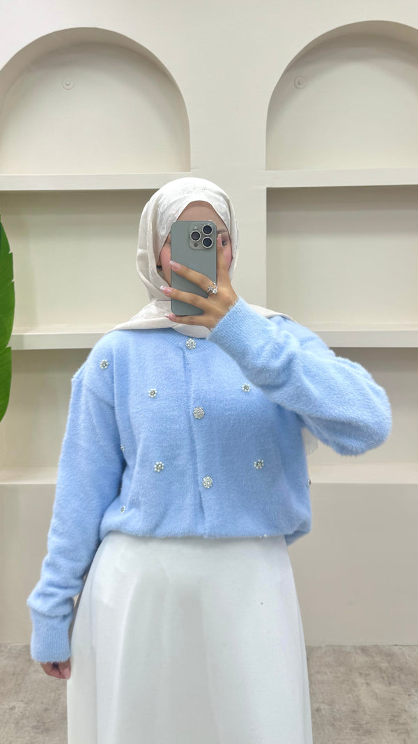 İnci Detaylı Angora Hırka Buz Mavi