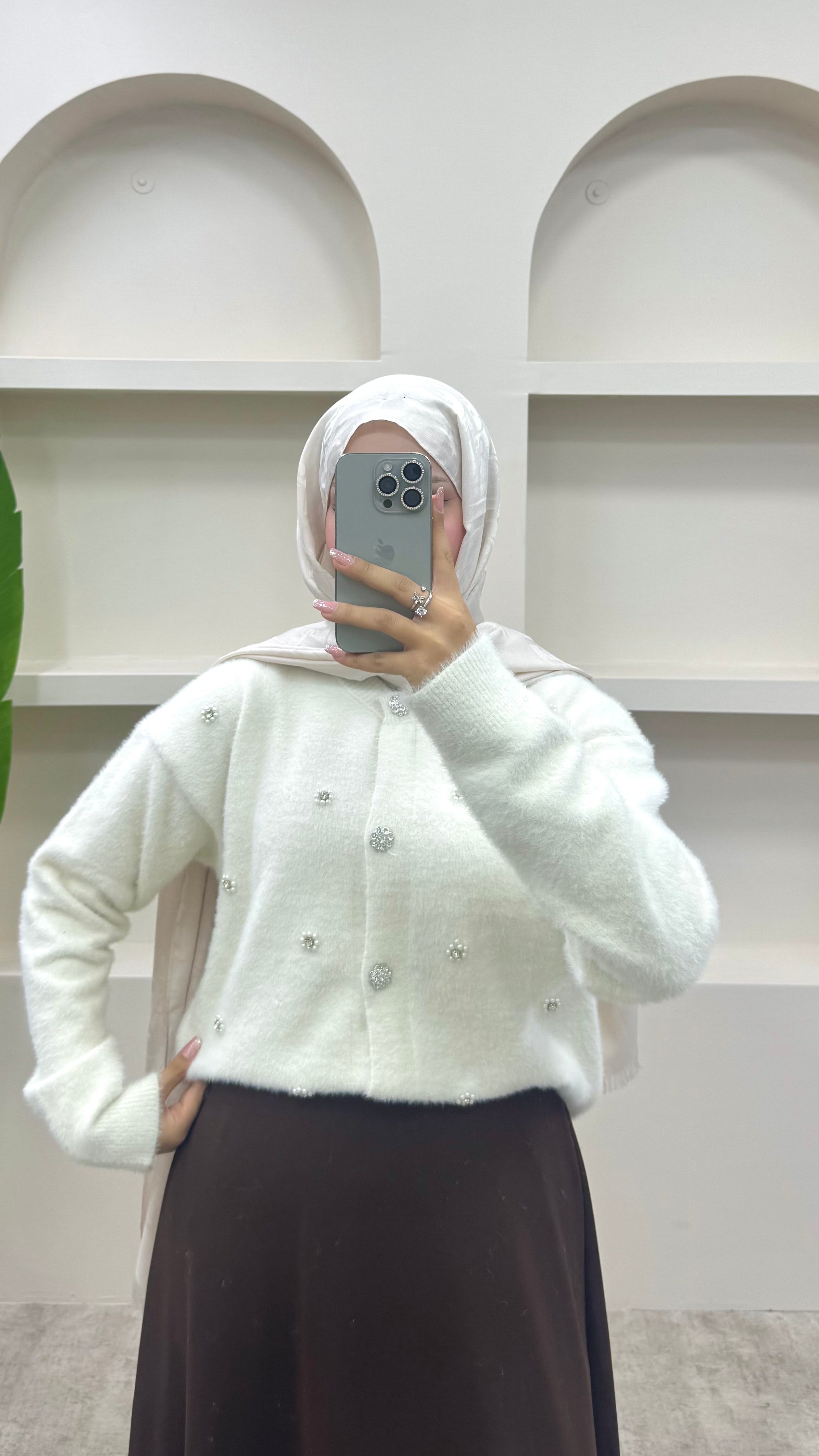 İnci Detaylı Angora Hırka Beyaz