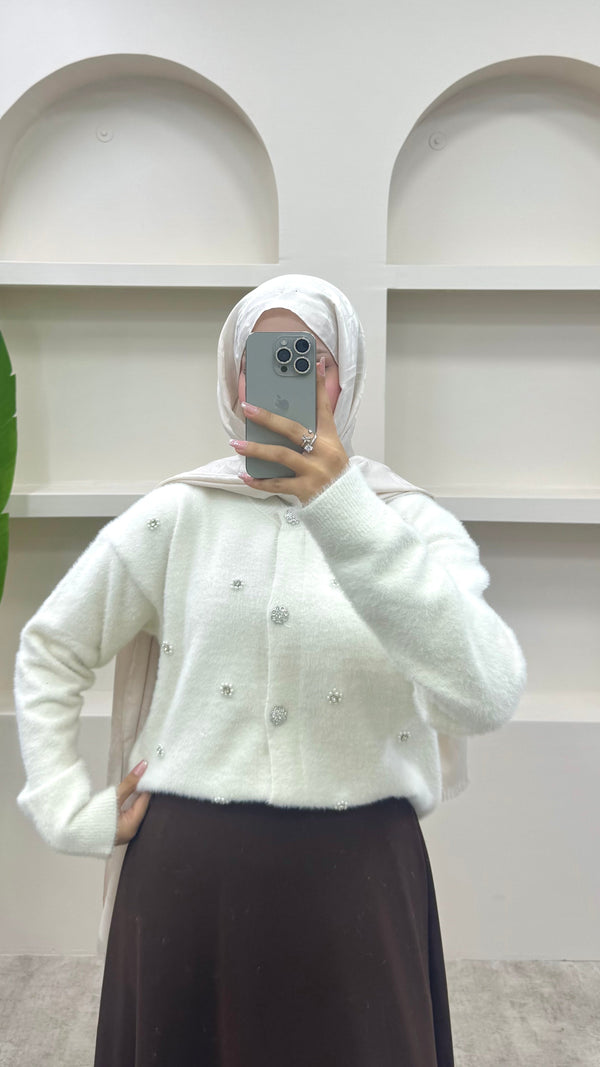 İnci Detaylı Angora Hırka Beyaz